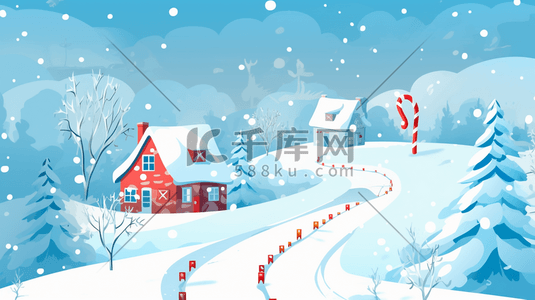 大山松树插画图片_冬季山林中的小村庄插画10