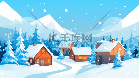 树落雪插画图片_冬季山谷树林中的小村庄插画7