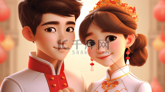 新郎新娘中式插画图片_中式婚礼情侣照片插画
