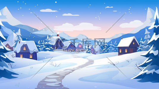 冬季傍晚山林中的小村庄插画1