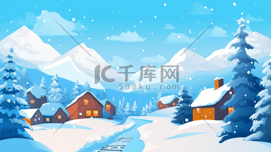 飘飘落雪插画图片_冬季山林中的小村庄插画2