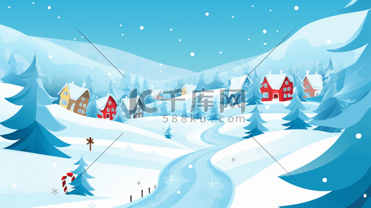 飘飘落雪插画图片_冬季山林中的小村庄插画1