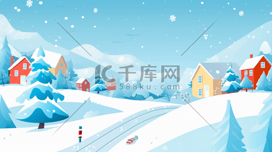 大山松树插画图片_冬季山林中的小村庄插画19