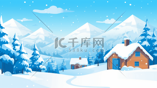 冬季下雪树插画图片_冬季山谷树林中的小村庄插画5