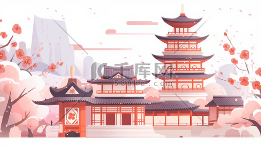 破旧的古寺插画图片_冬季山边林中唯美的塔楼插画9