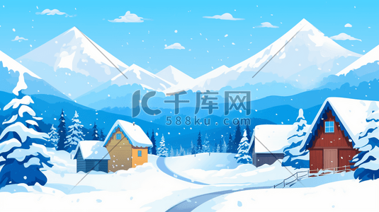 冬季山林中的小村庄插画5