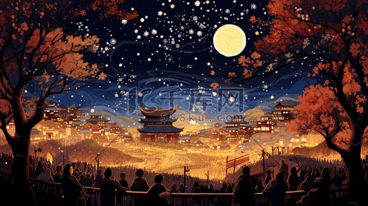 新年快乐的插画图片_春节张灯结彩的古镇古建筑插画11