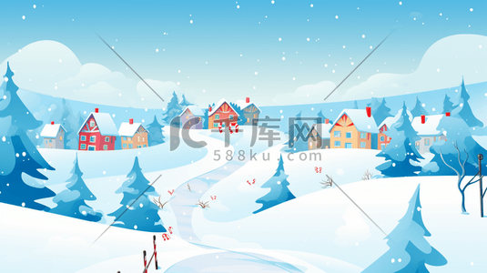 飘飘落雪插画图片_冬季山林中的小村庄插画7