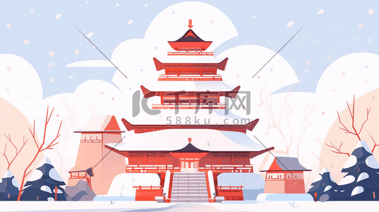 雪山林插画图片_冬季被雪覆盖的古阁楼插画8