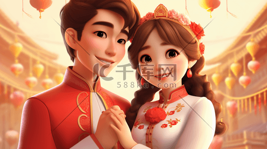 新郎新娘中式插画图片_中式婚礼情侣照片插画