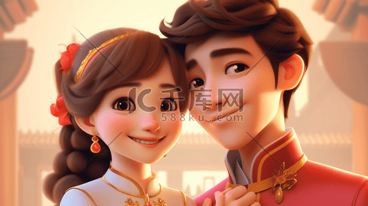 中式婚礼情侣照片插画