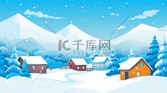 冬季下雪树插画图片_冬季山谷树林中的小村庄插画4