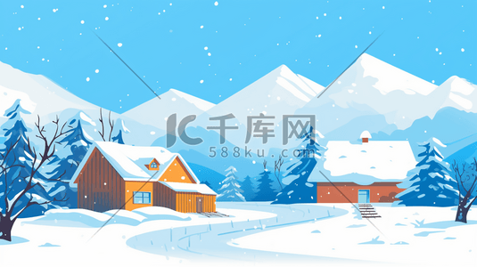 树落雪插画图片_冬季山谷树林中的小村庄插画3