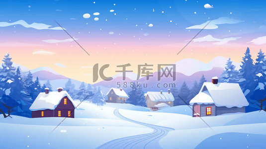 大山松树插画图片_冬季傍晚山林中的小村庄插画5