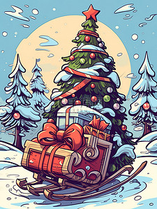 载插画图片_雪橇载着礼物圣诞树雪景13