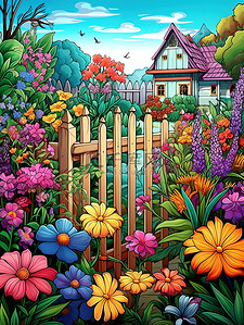花朵栅栏插画图片_花园五颜六色的花朵1