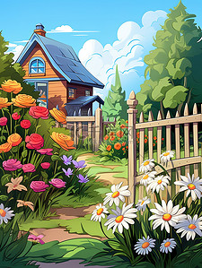 花朵栅栏插画图片_花园五颜六色的花朵9