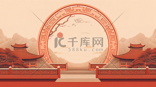 传统复古中国风插画图片_传统复古中式红色建筑2