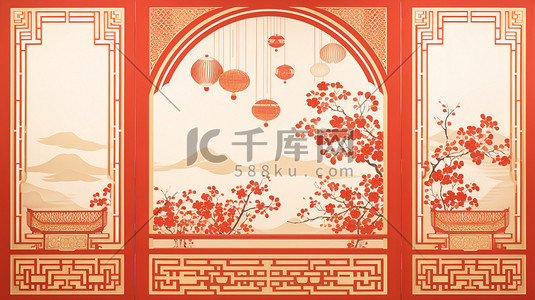 复古中插画图片_传统复古中式红色建筑15