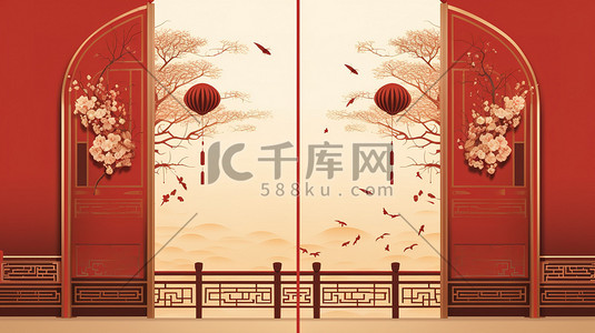 传统复古中国风插画图片_传统复古中式红色建筑5