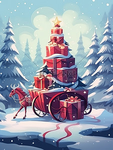 载插画图片_雪橇载着礼物圣诞树雪景6