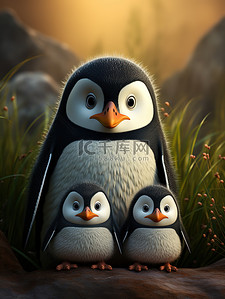 动物一家插画图片_可爱的企鹅一家合影2