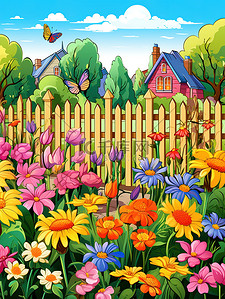 花朵栅栏插画图片_花园五颜六色的花朵11