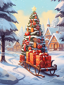 雪橇载着礼物圣诞树雪景5