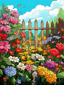 花朵栅栏插画图片_花园五颜六色的花朵14