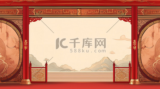 传统复古中国风插画图片_传统复古中式红色建筑1
