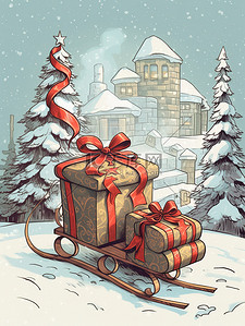 载插画图片_雪橇载着礼物圣诞树雪景15