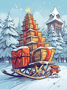 载插画图片_雪橇载着礼物圣诞树雪景2