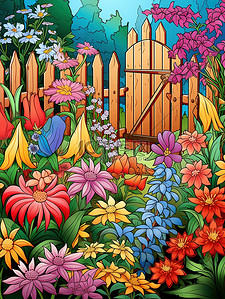 花朵栅栏插画图片_花园五颜六色的花朵18