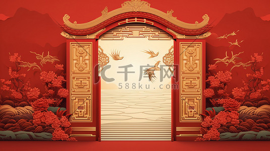 传统复古中国风插画图片_传统复古中式红色建筑7