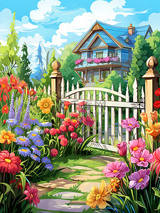 花朵栅栏插画图片_花园五颜六色的花朵12