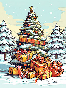 载插画图片_雪橇载着礼物圣诞树雪景8