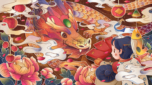红色中国风新春插画图片_红色龙年牡丹中的龙和发红包男孩插画