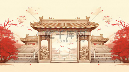 复古中插画图片_传统复古中式红色建筑3
