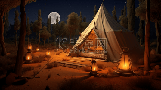 露营灯光插画图片_户外蜡烛灯光包围的帐篷