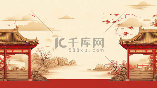 传统复古中国风插画图片_传统复古中式红色建筑17