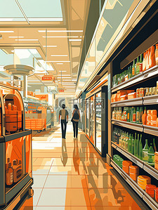 双品购物节插画图片_超市货架购物扁平风插画1