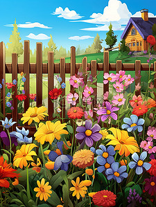 花朵栅栏插画图片_花园五颜六色的花朵8