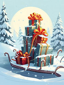 载插画图片_雪橇载着礼物圣诞树雪景4