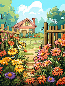 花朵栅栏插画图片_花园五颜六色的花朵4