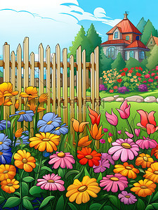 花朵栅栏插画图片_花园五颜六色的花朵19