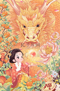 龙珠灯路引插画图片_龙年春节新年龙和女孩仰望龙珠中国风插画