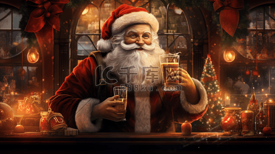 饮酒赏菊动图插画图片_酒吧喝酒的圣诞老人