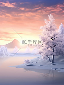 冬天的日出插画图片_冬季梦幻的日出雪景12