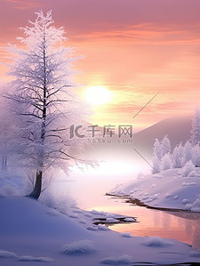 冬天的日出插画图片_冬季梦幻的日出雪景19