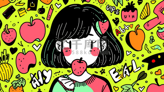 苹果ai插画图片_彩色多巴胺风格的吃苹果的女孩插画6